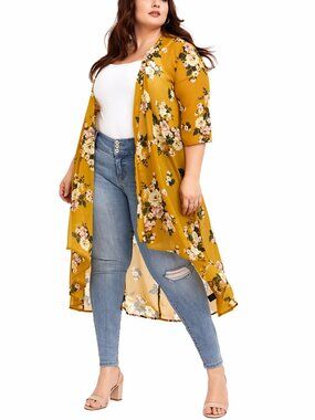 TORRID Floral Chiffon Kimono Duster Sheer Overlay Lightweight Yellow Women 1X/2X